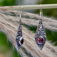 925 Silver Garnet Oval Dangle Earrings