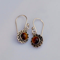 925 Silver Tiger Eye Round Stone Drop Earrings