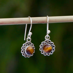 925 Silver Tiger Eye Round Stone Drop Earrings