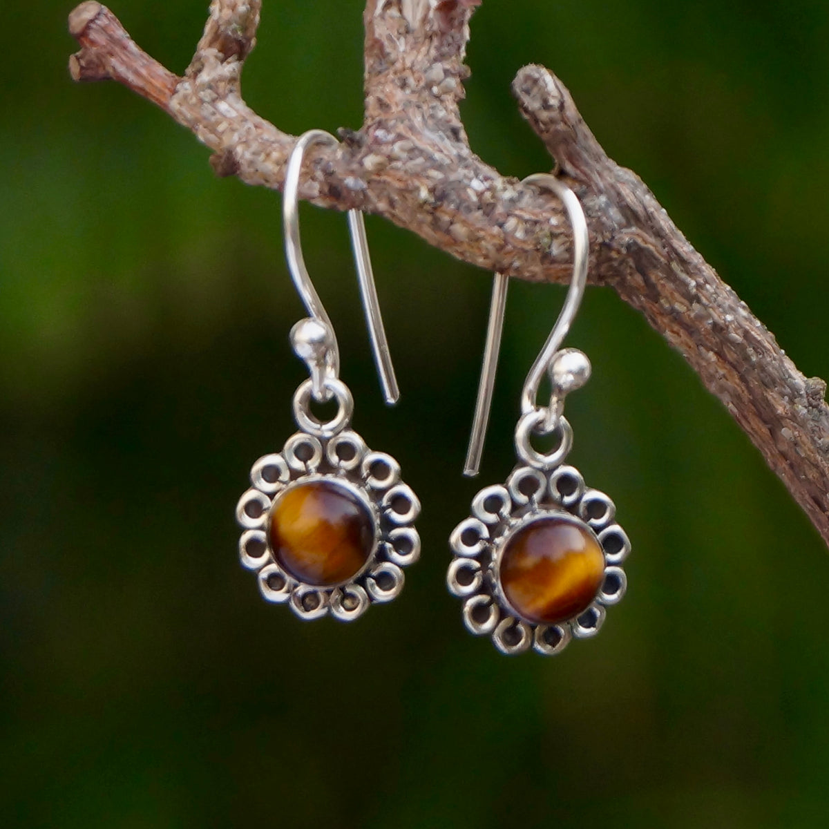 925 Silver Tiger Eye Round Stone Drop Earrings