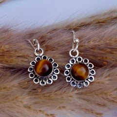 925 Silver Tiger Eye Round Stone Drop Earrings
