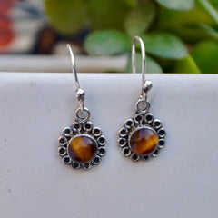 925 Silver Tiger Eye Round Stone Drop Earrings