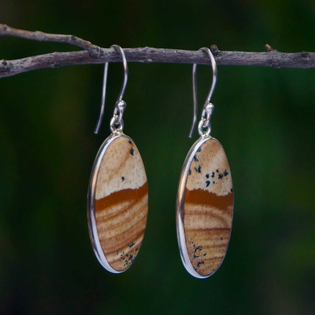 925 Silver Picture Jasper Gemstone Oval Drop Earrings