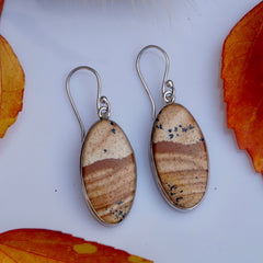 925 Silver Picture Jasper Gemstone Oval Drop Earrings
