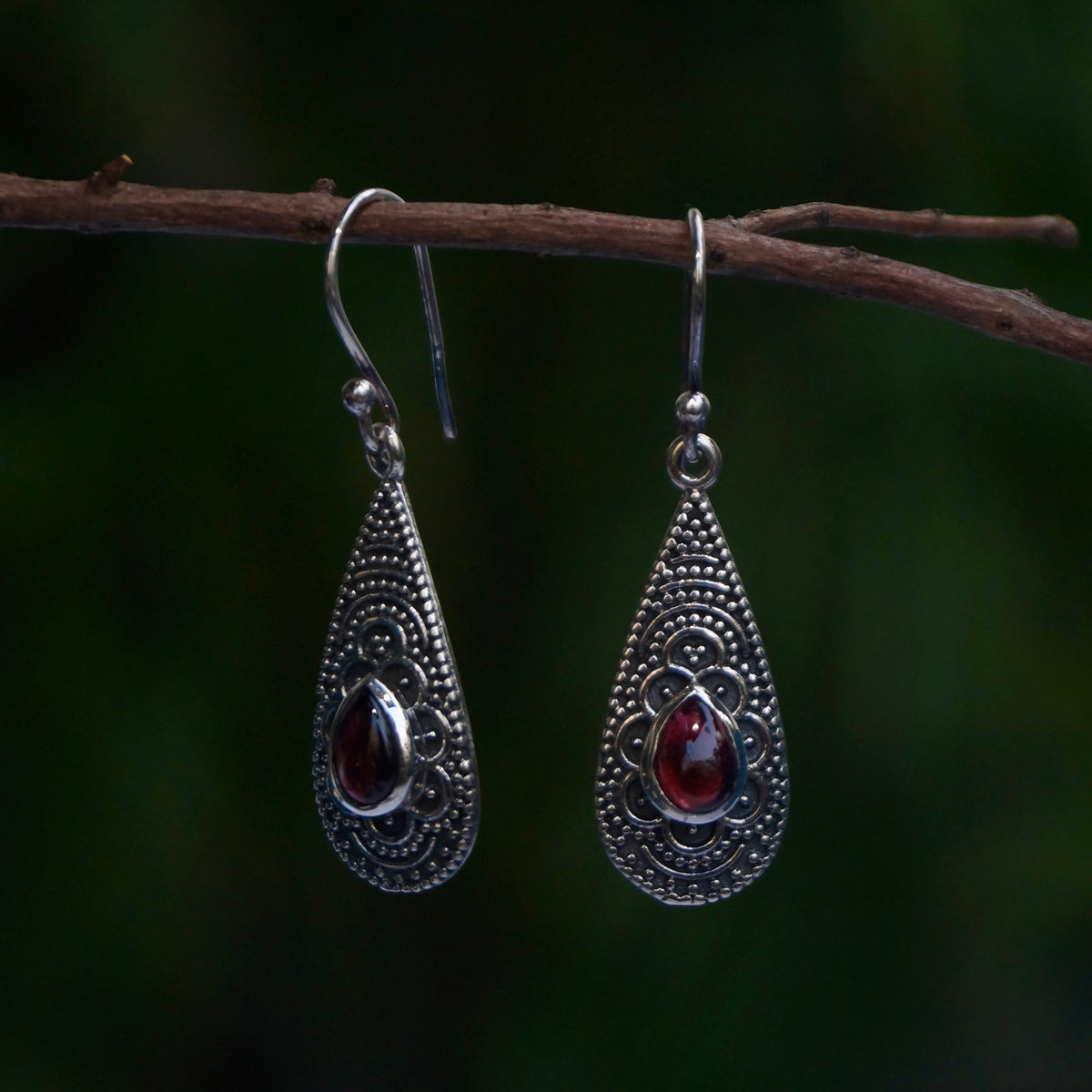 925 Silver Garnet Oval Gemstone Drop Earrings