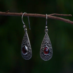 925 Silver Garnet Oval Gemstone Drop Earrings