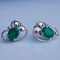 925 Silver Green Onyx Oval Gemstone Stud Earrings