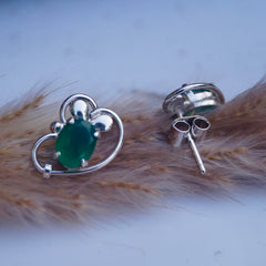 925 Silver Green Onyx Oval Gemstone Stud Earrings