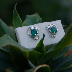 925 Silver Green Onyx Oval Gemstone Stud Earrings