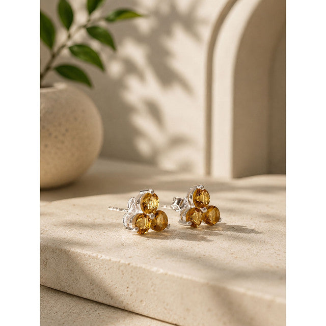 925 Sterling Silver Citrine Gemstone Stud Earrings Three Stone Floral Inspired Design