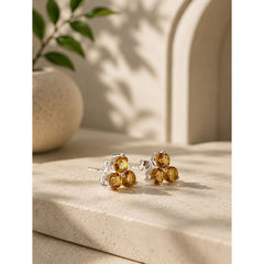 925 Sterling Silver Citrine Gemstone Stud Earrings Three Stone Floral Inspired Design