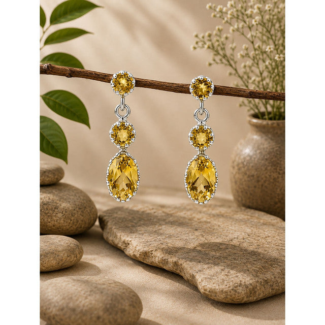 925 Sterling Silver Citrine Gemstone Drop Earrings for Women Three Stone Dangle Jewelry