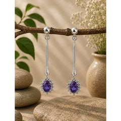 925 Sterling Silver Amethyst Gemstone Long Drop Earrings with Floral Design