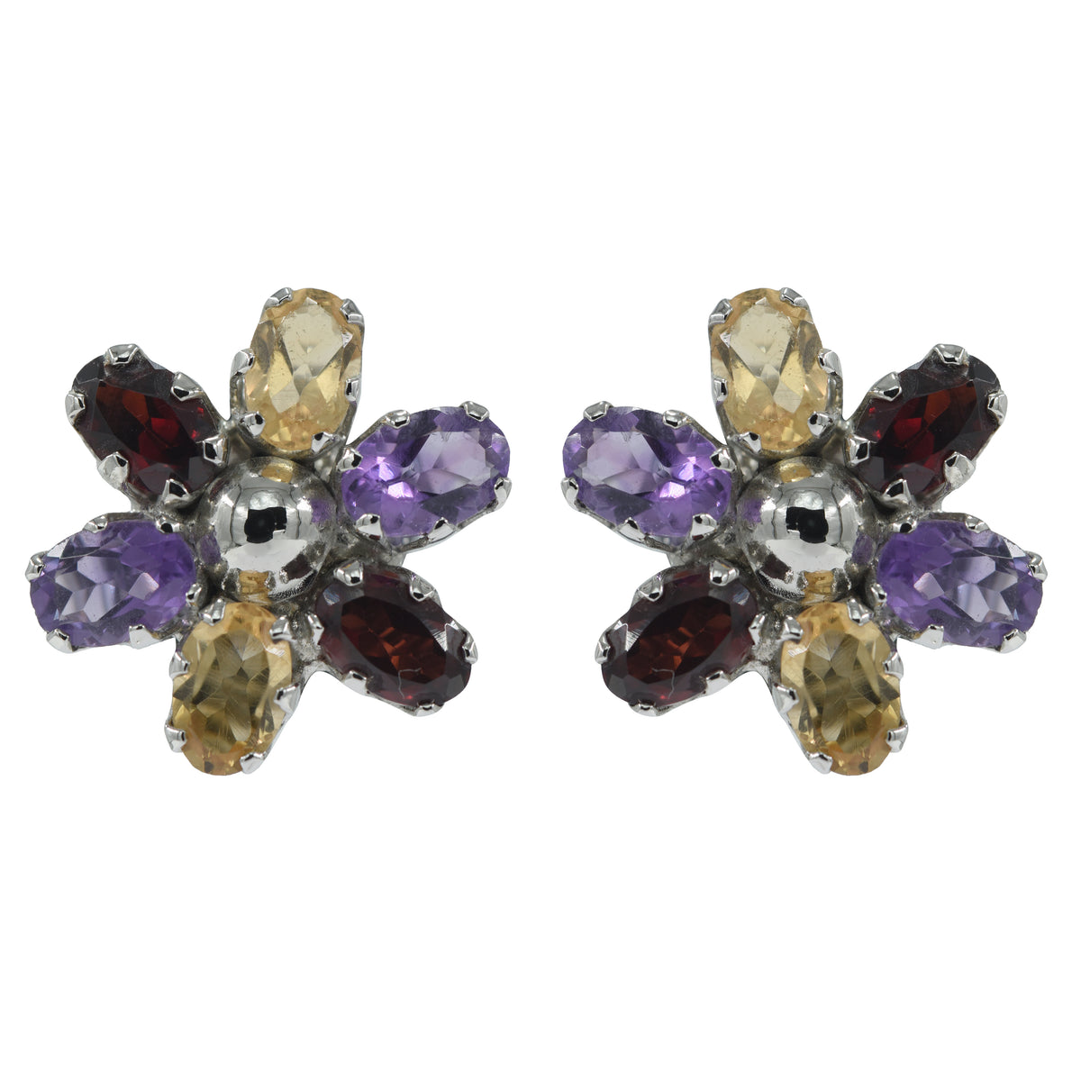 925 Silver Multi-Gemstone Flower Eartops – Garnet, Amethyst, Citrine, Rhodium-Plated