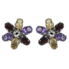 925 Silver Multi-Gemstone Flower Eartops – Garnet, Amethyst, Citrine, Rhodium-Plated