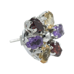 925 Silver Multi-Gemstone Flower Eartops – Garnet, Amethyst, Citrine, Rhodium-Plated