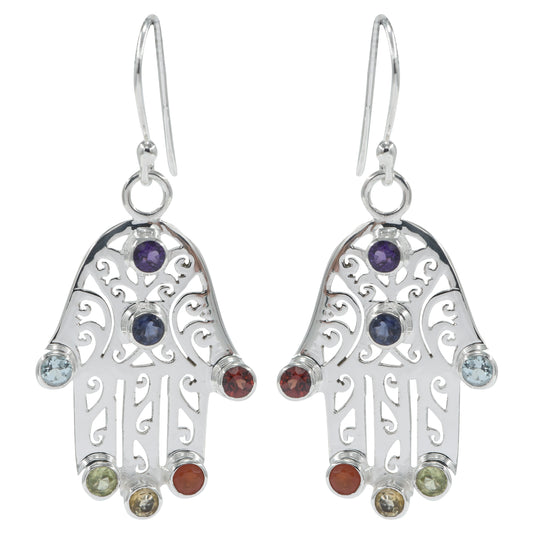 925 Silver Hamsa Earrings with 7 Stones – Spiritual Jewelry for Protection & Positivity