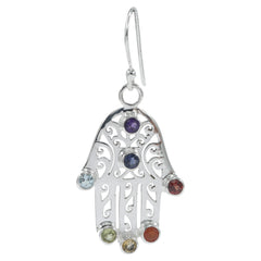 925 Silver Hamsa Earrings with 7 Stones – Spiritual Jewelry for Protection & Positivity