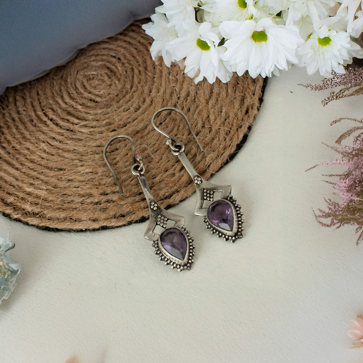 925 Sterling Silver Amethyst Stone Drop Earrings