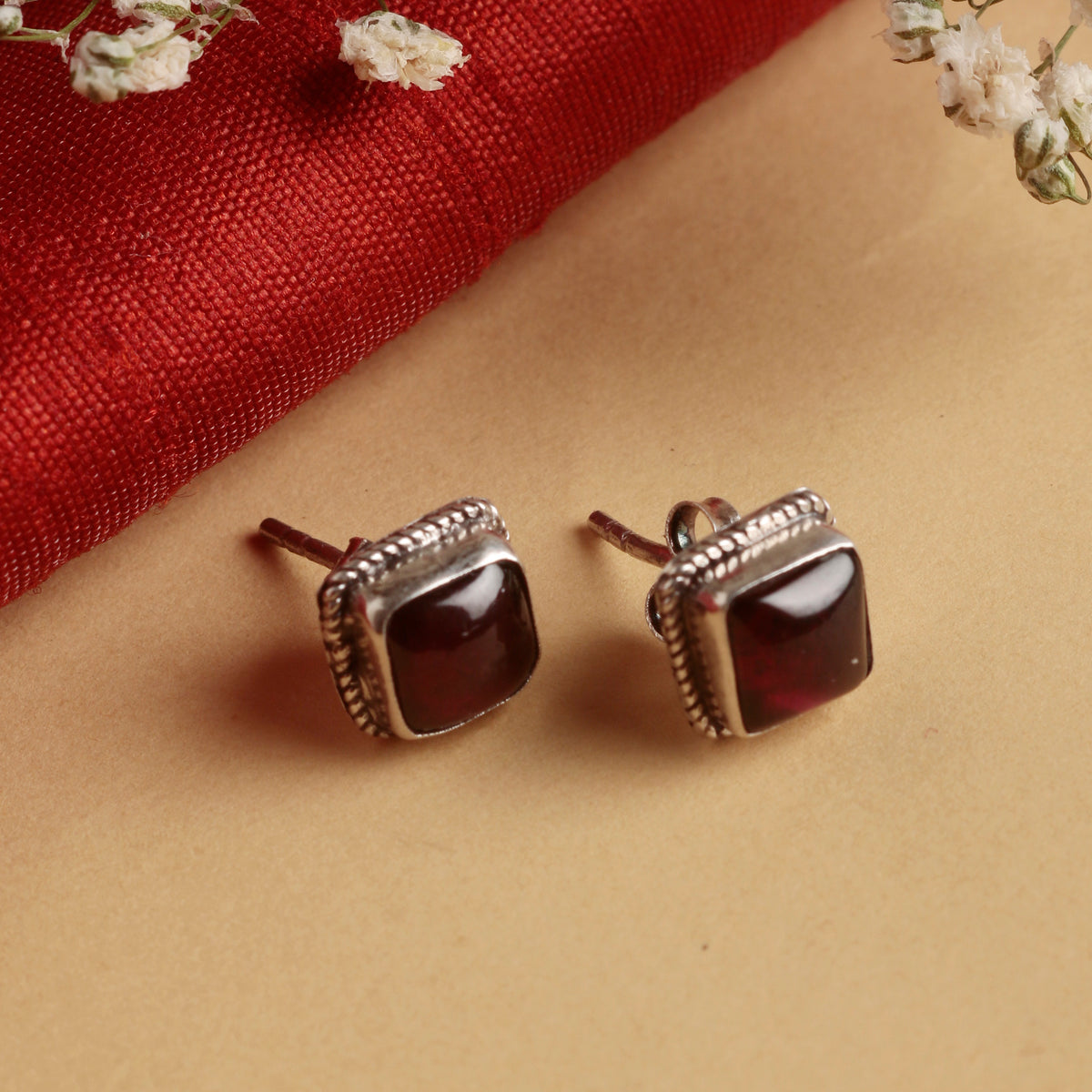 Fusionari 925 Sterling Silver Garnet Eartops for Women | Handcrafted Red Gemstone Jewelry | Elegant Small Stud Earrings