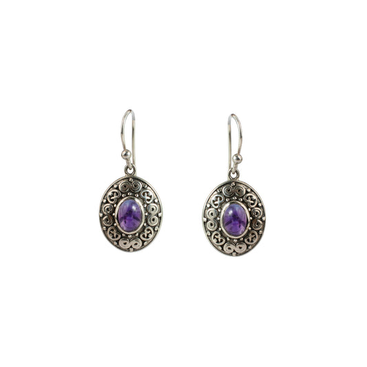 Handcrafted Sterling Silver Oval Earrings with Intricate Design and Purple Amethyst Stone – Elegant and Timeless Jewelry