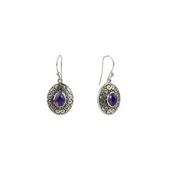 Handcrafted Sterling Silver Oval Earrings with Intricate Design and Purple Amethyst Stone – Elegant and Timeless Jewelry