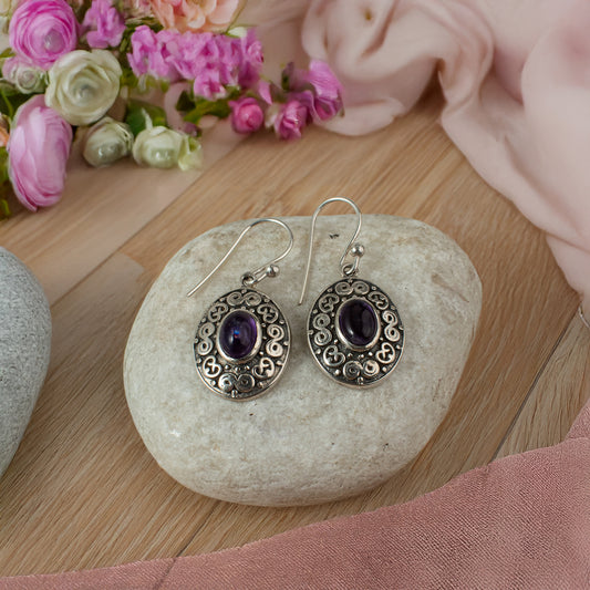 Handcrafted Sterling Silver Oval Earrings with Intricate Design and Purple Amethyst Stone – Elegant and Timeless Jewelry