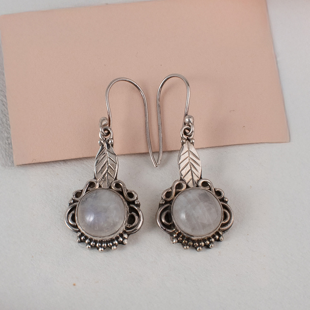 Sterling Silver Earrings with Moonstone Gemstone and Leaf Motif – Elegant Handcrafted Jewelry for Timeless Style