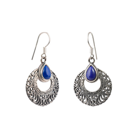 925 Handcrafted Sterling Silver Earrings with Lapis Lazuli Stone – Intricate Vintage Design for Timeless Elegance