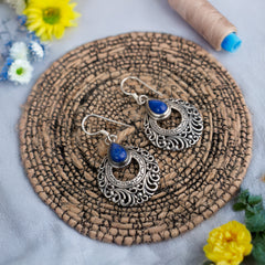 925 Handcrafted Sterling Silver Earrings with Lapis Lazuli Stone – Intricate Vintage Design for Timeless Elegance