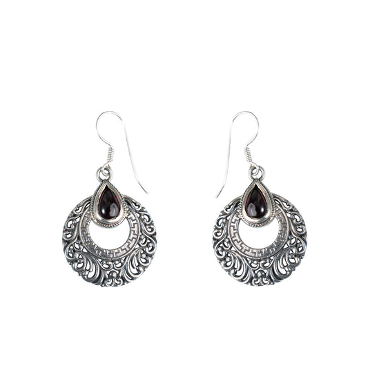 925 Handcrafted Sterling Silver Earrings with Garnet Stone – Intricate Vintage Design for Timeless Elegance