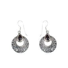 925 Handcrafted Sterling Silver Earrings with Garnet Stone – Intricate Vintage Design for Timeless Elegance