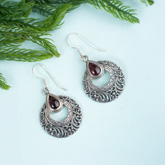 925 Handcrafted Sterling Silver Earrings with Garnet Stone – Intricate Vintage Design for Timeless Elegance