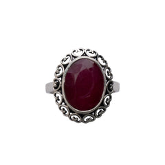 925 Vintage Sterling Silver Ring with Oval Ruby Gemstone, Intricate Detailing, Elegant Statement Jewelry for Women, Timeless Design