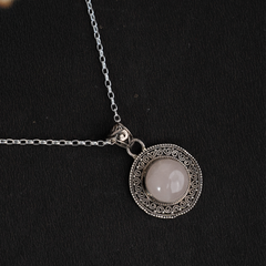 925 Vintage Sterling Silver Pendant Necklace with Round Rose Quartz Gemstone, Elegant Handmade Jewelry for Women, Timeless Design