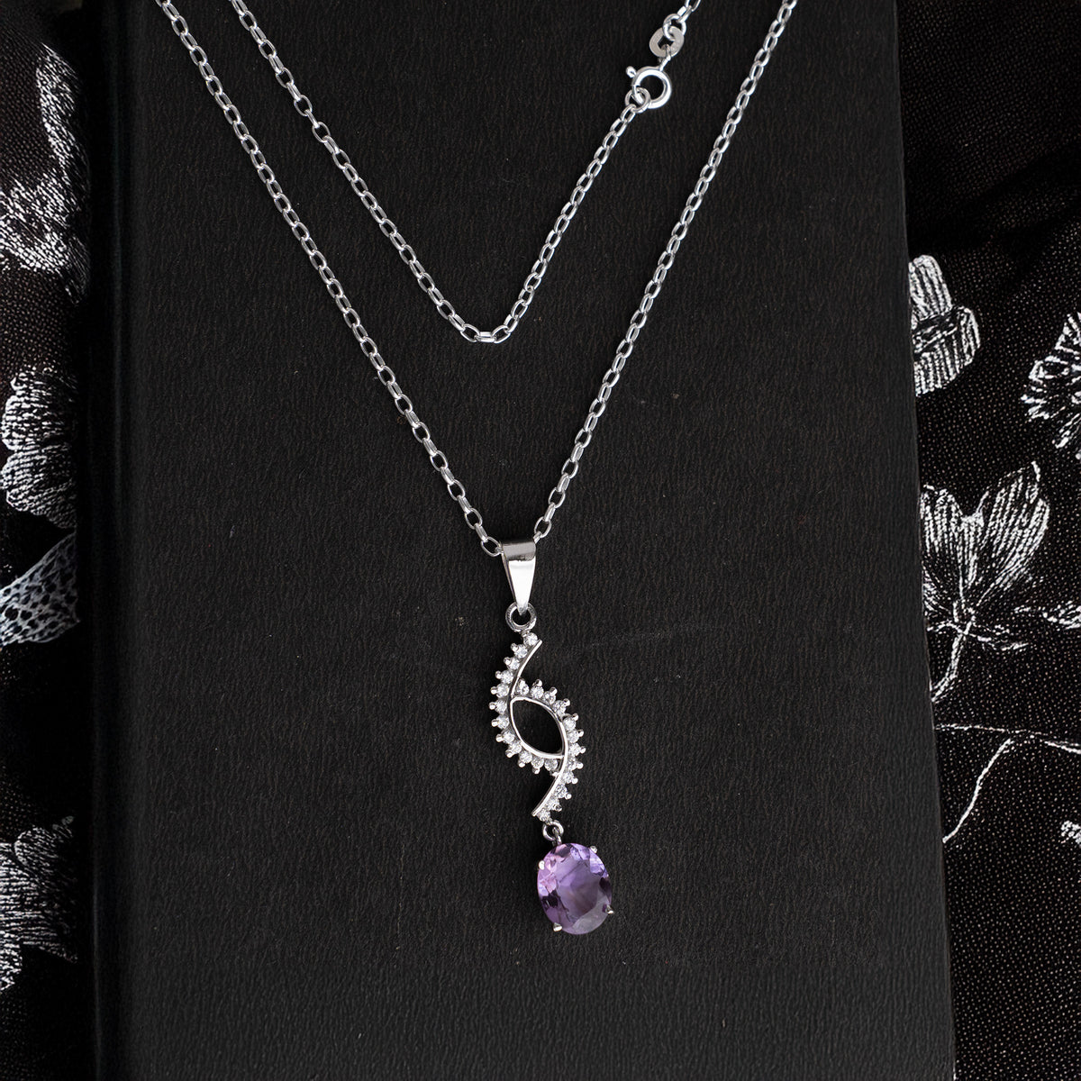 925 Amethyst Pendant with Zircon Stones in Sterling Silver, Elegant Handmade Jewelry for Women, Timeless Design