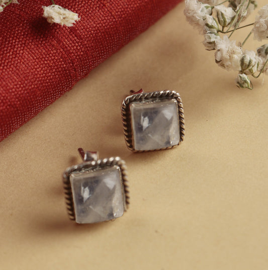 Fusionari 925 Sterling Silver Moonstone Eartops for Women | Handcrafted White Gemstone Jewelry | Elegant Everyday Design