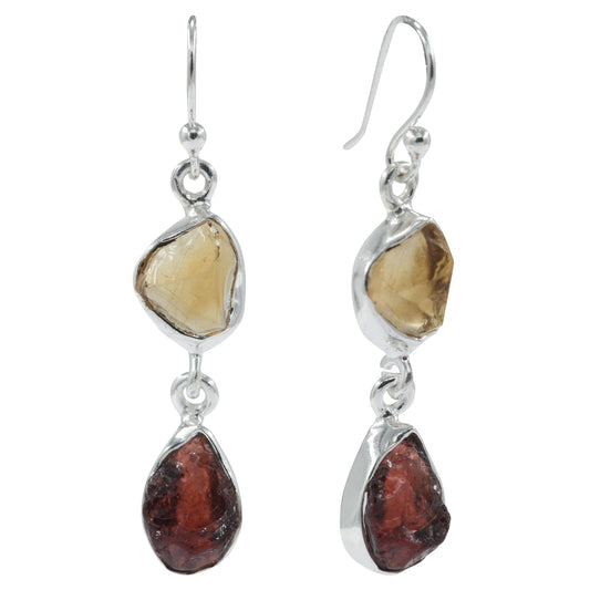 925 Silver Uncut Garnet & Citrine Earrings – Raw gemstone design for a natural, elegant look. Perfect gift