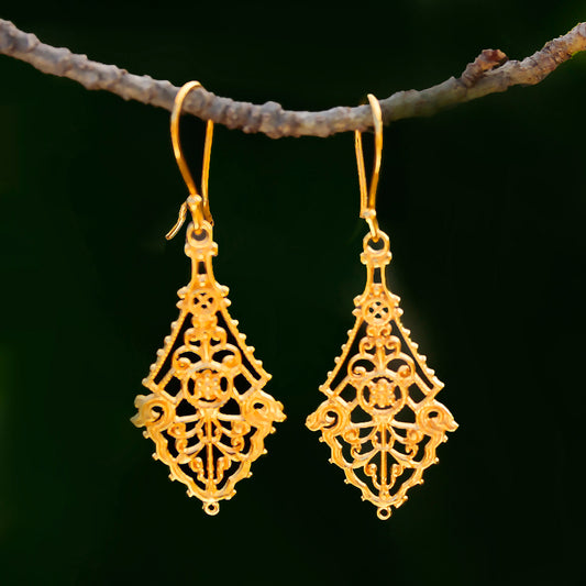925 Stering Silver Elegant Filigree Gold-Plated Earrings – Vintage-Inspired Statement Jewelry for Women