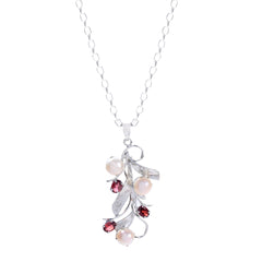 925 Sterling Silver Pearl & Garnet Pendant Necklace with Elegant Leaf Design, Freshwater Pearls, on 18-Inch Chain