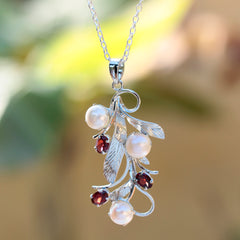 925 Sterling Silver Pearl & Garnet Pendant Necklace with Elegant Leaf Design, Freshwater Pearls, on 18-Inch Chain