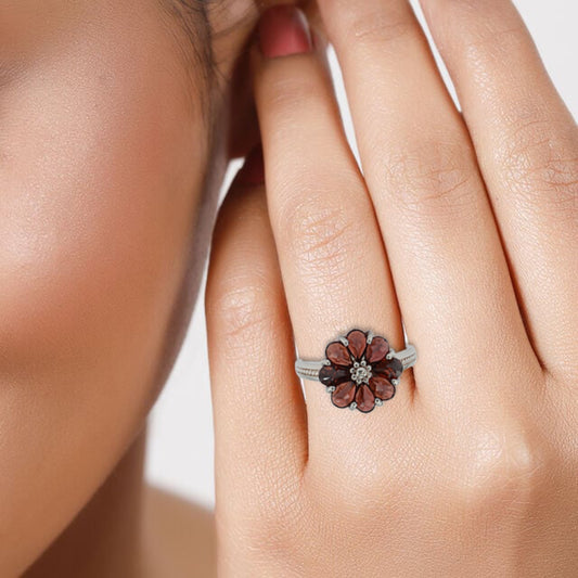 925 Silver Natural Garnet  Stone  Flower cluster Ring Gift for Women