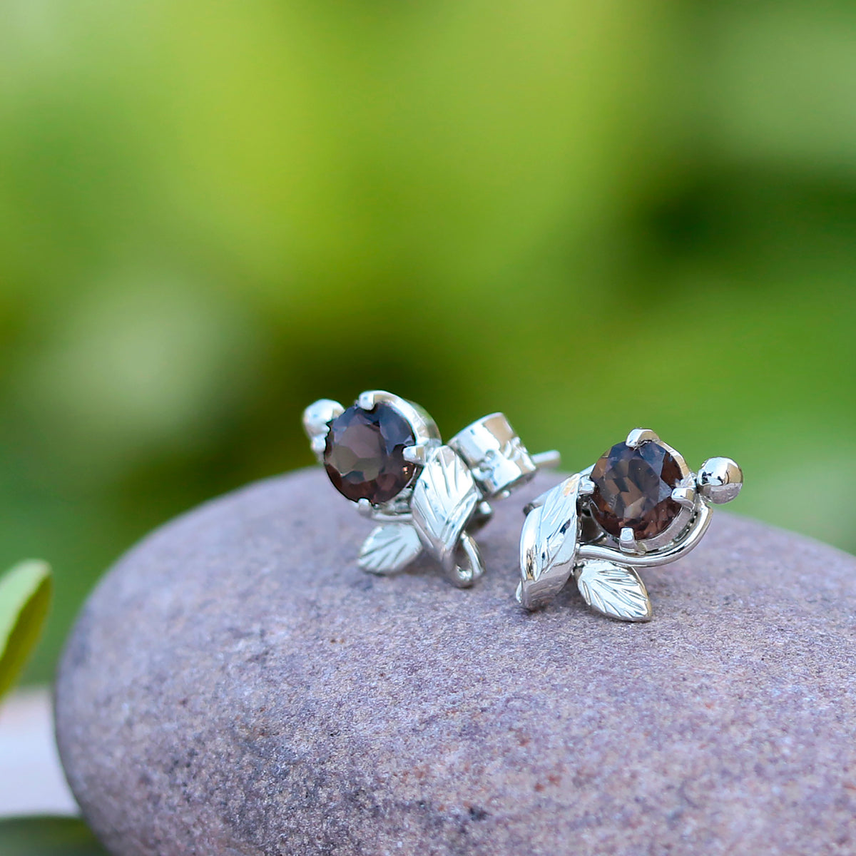 925 Sterling Silver Smoky Quartz Eartops – Leaf-Inspired Handcrafted Jewelry for a Natural Touch