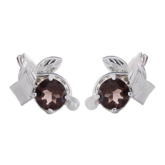 925 Sterling Silver Smoky Quartz Eartops – Leaf-Inspired Handcrafted Jewelry for a Natural Touch