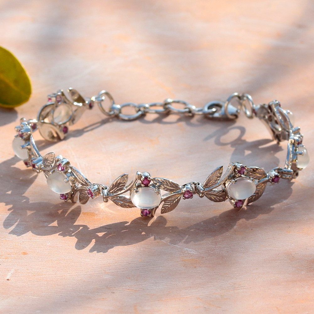Elegant Moonstone Bracelet with Ruby Accents – Handcrafted Leaf Pattern Design, Perfect for Gifting or Everyday Wear
