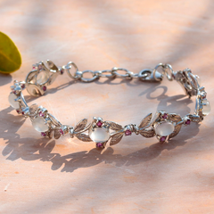 Elegant Moonstone Bracelet with Ruby Accents – Handcrafted Leaf Pattern Design, Perfect for Gifting or Everyday Wear