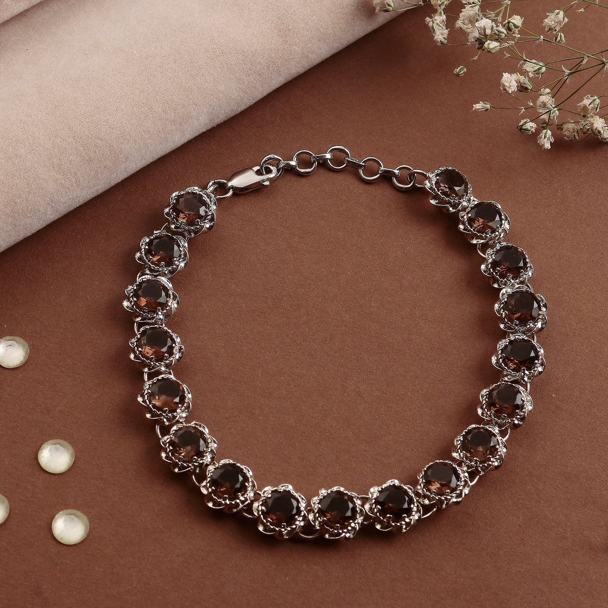 Fusionari 925 Sterling Silver Smoky Quartz Bracelet for Women | Handcrafted Brown Gemstone Jewelry | Elegant Designer Accessory