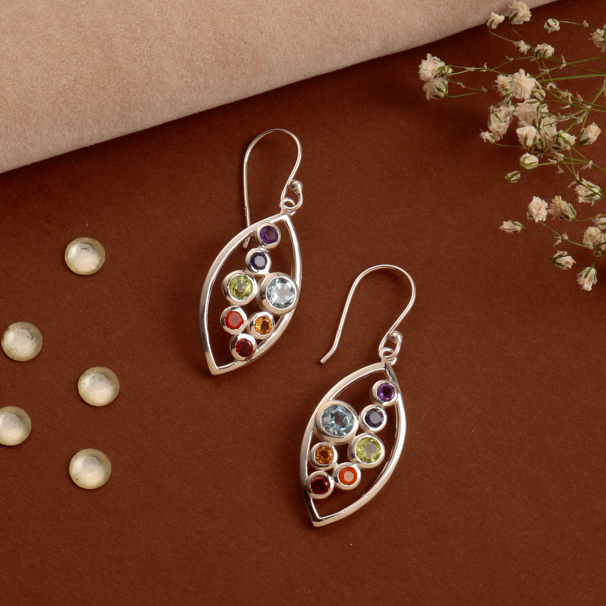 925 Sterling Silver Chakra Earrings for Women | Seven Stone Healing Jewelry | Colorful Boho Style Earrings
