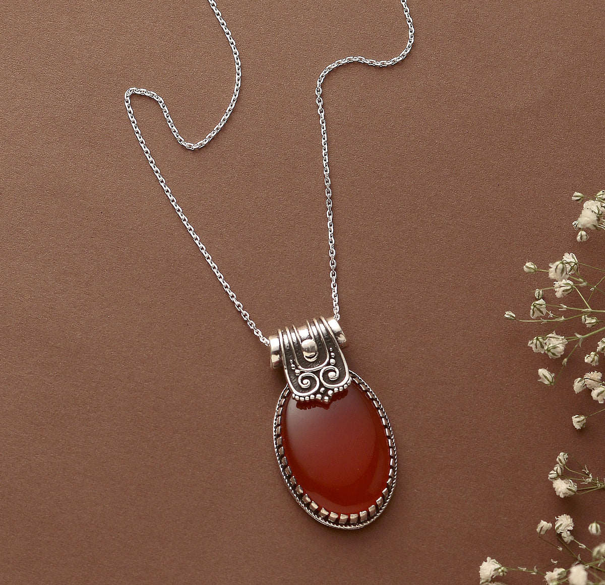 Fusionari 925 Sterling Silver Carnelian Pendant without Chain | Handcrafted orange Gemstone Jewelry | Elegant Calming Design