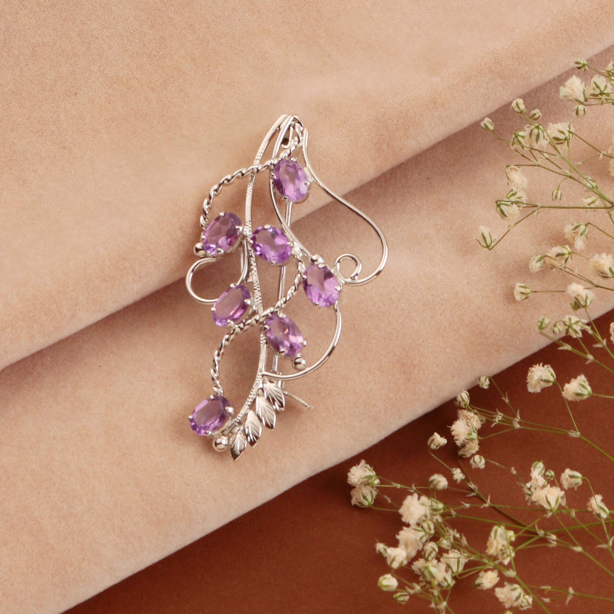 Fusionari 925 Sterling Silver Amethyst Brooch for Women | Handcrafted Purple Gemstone Jewelry | Elegant Designer Accessory